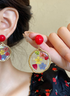 复古红色圆形耳环女森系小众琥珀干花耳坠港风气质可爱田园耳钉