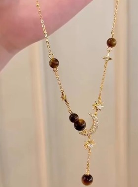 美拉德复古虎眼石星月串珠流苏项链女小众设计日常百搭锁骨链配饰