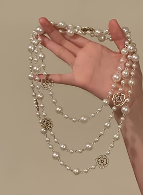 「月下光影」金色镂空山茶花珍珠项链法式复古气质轻奢叠戴锁骨链