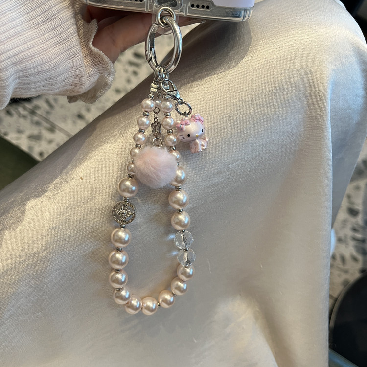 甜美少女粉色毛球吊坠串珠手机链可爱Kitty猫手机挂件钥匙扣cc