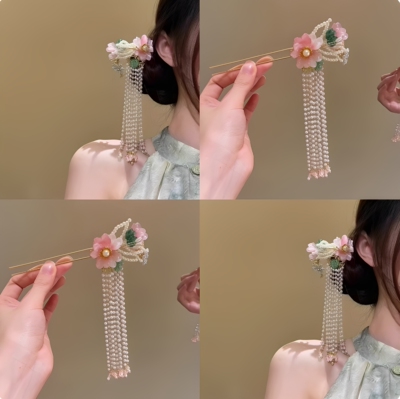 高级感古典国风珍珠花朵流苏发簪新中式发钗簪子新款盘发头饰品女
