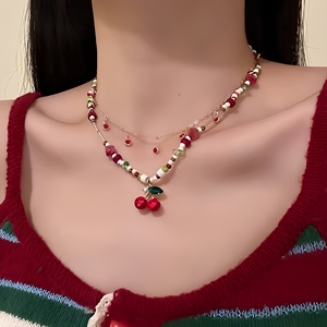 樱珠甜意夏日甜美樱桃吊坠项链女小众设计锁骨链choker颈链串珠