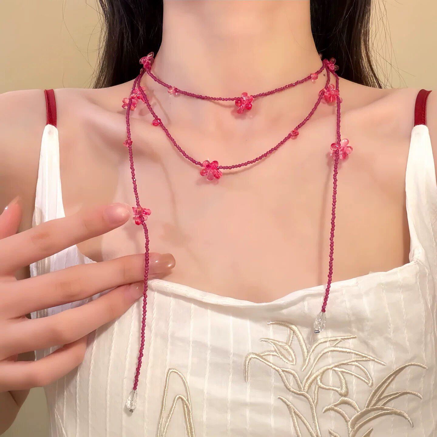 「粉黛蜜语」甜美风玫红色花朵串珠项链女春夏多层叠戴长款锁骨链