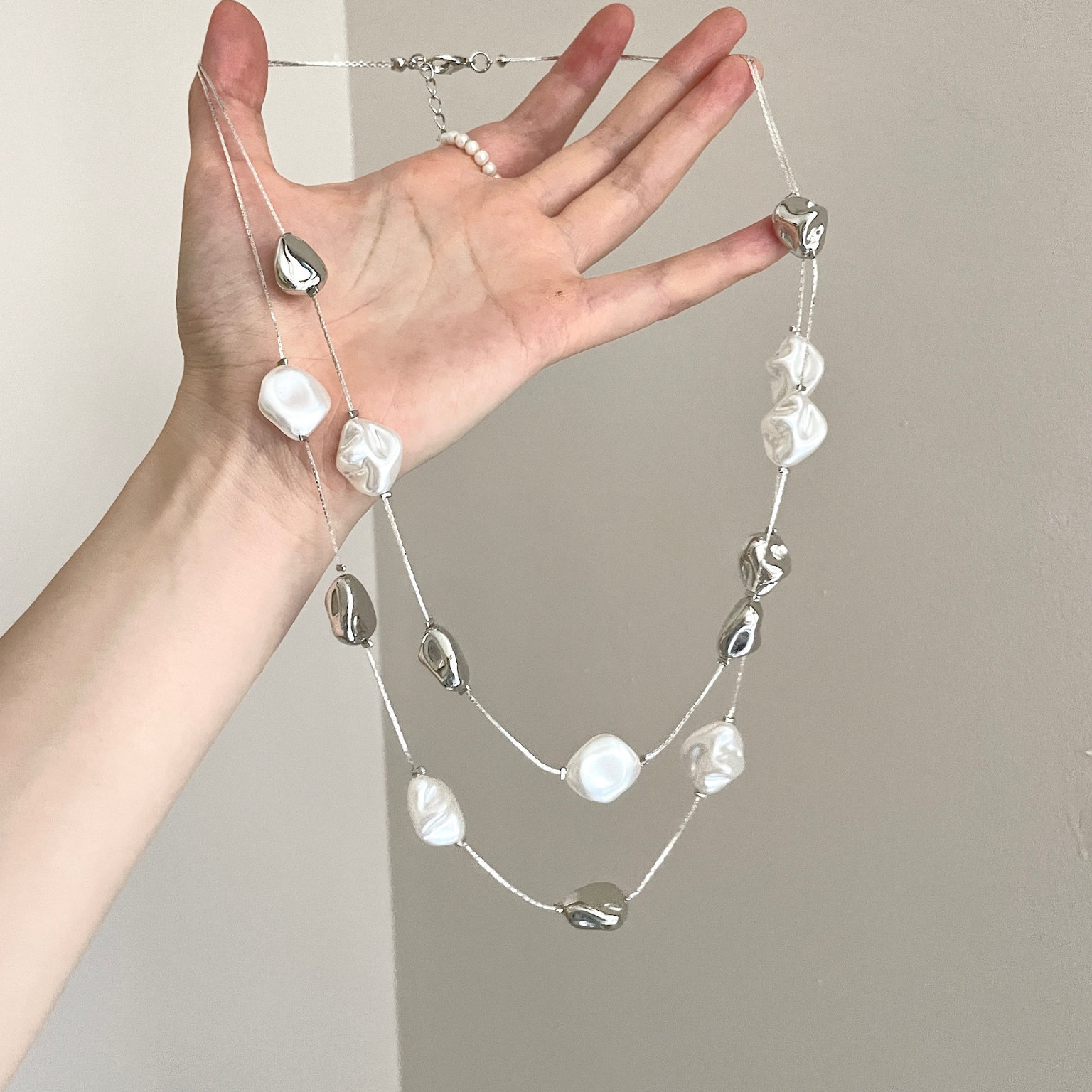 巴洛克异形珍珠拼接设计项链ins小众简约双层叠戴锁骨链个性颈链