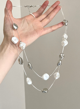 巴洛克异形珍珠拼接设计项链ins小众简约双层叠戴锁骨链个性颈链