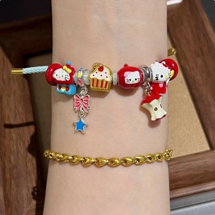 Kitty卡通KT猫苹果滴油串珠diy手镯红色多巴胺手链学生小众设计感