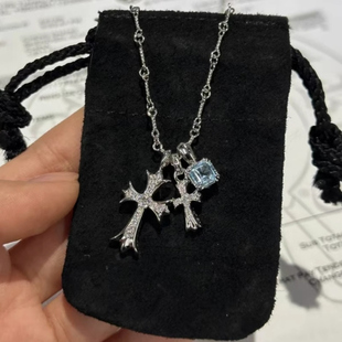 抖音小红书同款十字架镶钻项链蓝钻方糖男女爆款长链嘻哈复古项链