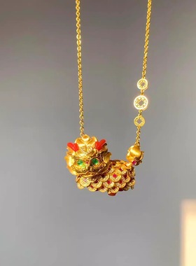 新中式金色点钻麒麟五帝钱项链国风精致轻奢高级感新年重工毛衣链