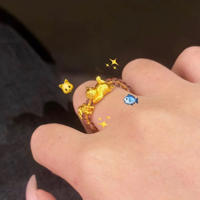 简约可爱趴趴猫金色珠串戒指