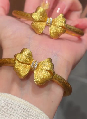 黄金色镶钻拉丝缎带立体大蝴蝶结手镯女款在逃公主大镯子开口手环