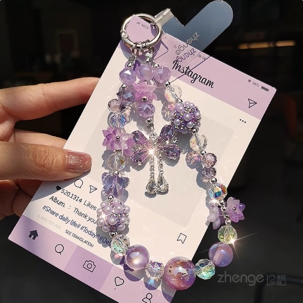 双域水晶宝石蝴蝶吊坠手机挂绳短ins轻奢小众女流苏串珠吊坠吊链