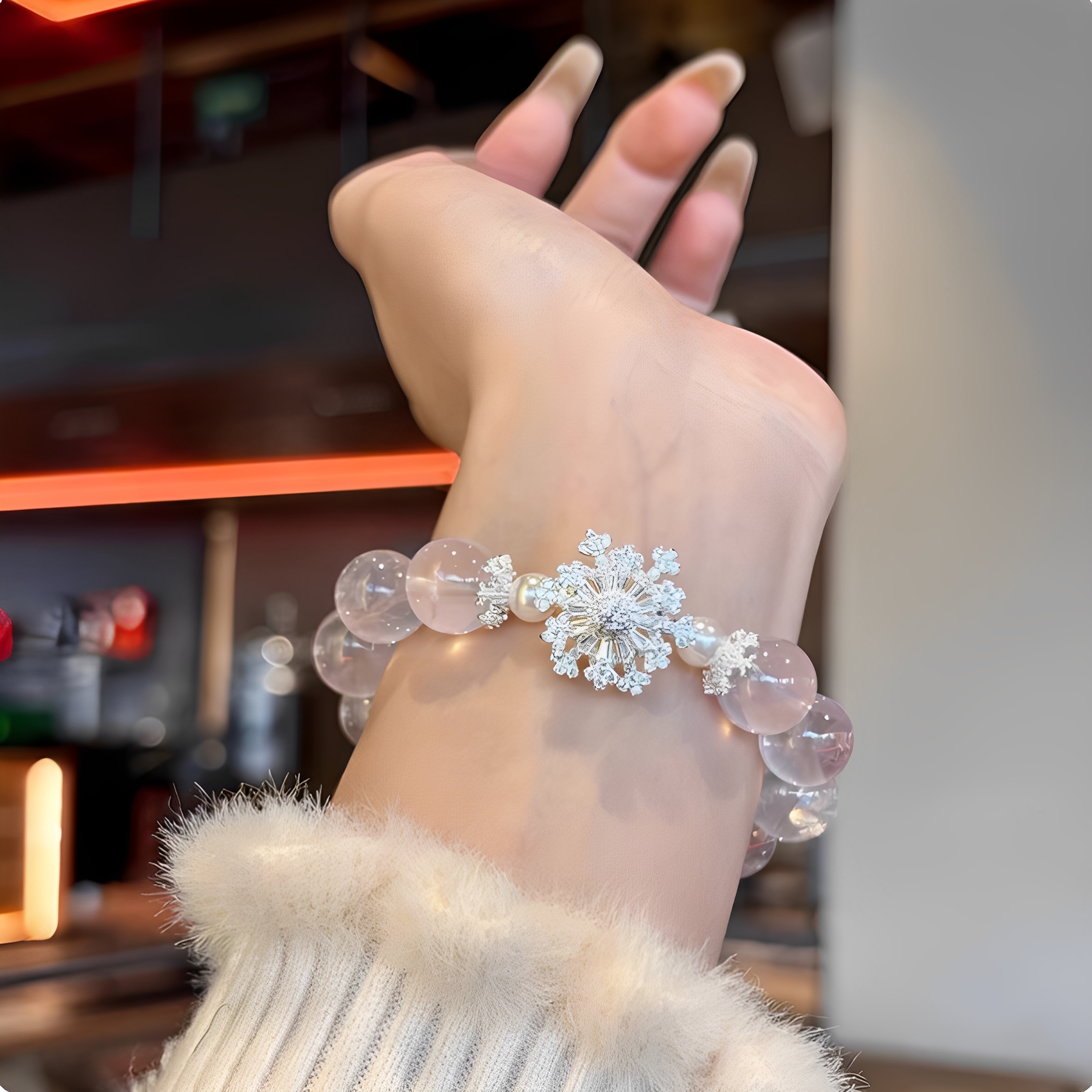 旋转雪花高级粉水晶手串女时来运转满钻月光婚纱莫粉冰种手链首饰