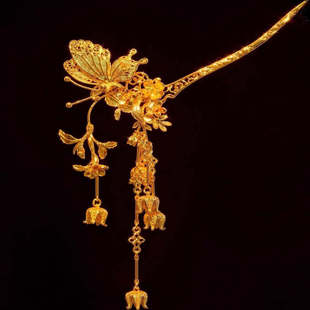 汉服新娘头饰金色蝴蝶发簪龙凤褂旗袍发钗秀禾头饰百搭高级感流苏