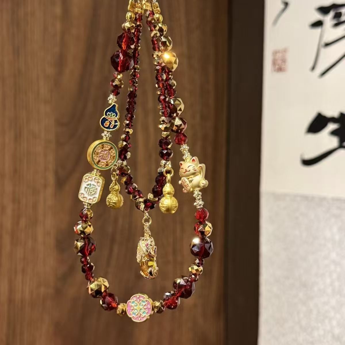 新招财猫手机链串珠水晶中国风挂绳挂链短款手链挂饰手腕手提挂件