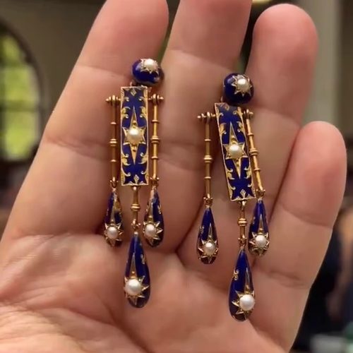 vintage古董泰景蓝八芒星珍珠耳环女独特漂亮耳饰巨好看长款耳坠