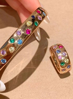 两件套！权志龙同款宽边镶嵌多彩闪钻手镯女小众设计高级感戒指