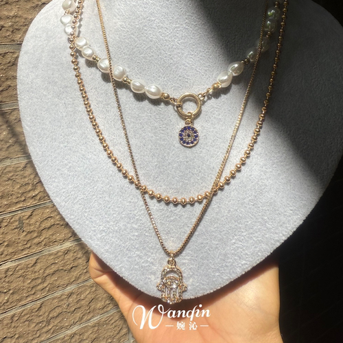 「蓝眸护珠」金色多层叠戴眼睛吊坠项链复古轻奢夸张高级感锁骨链