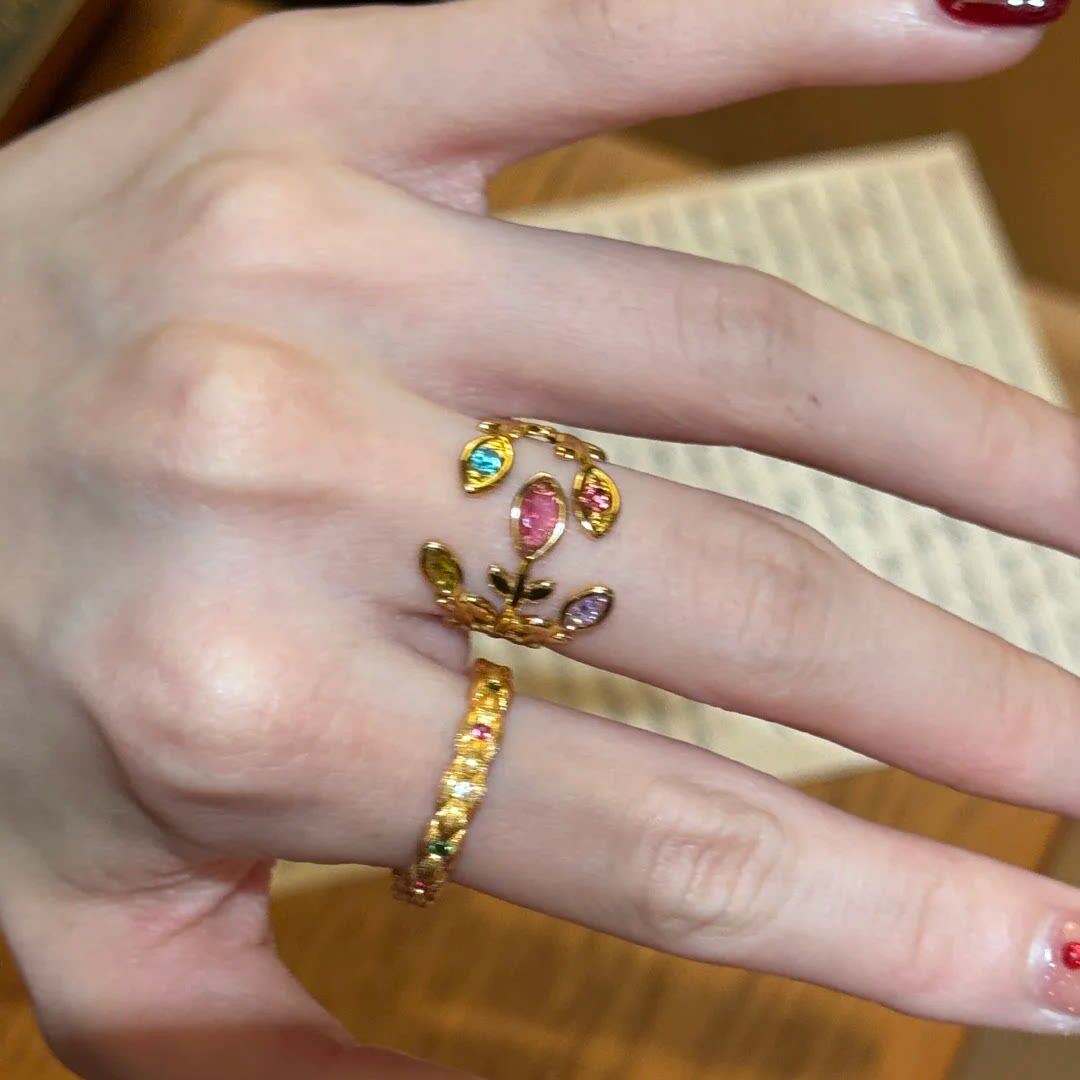 vintage中古花卉枝叶戒指叠戴麻花编织金色食指戒小众设计高级感