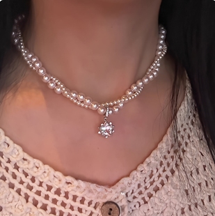 超闪~双层镶钻珍珠项链高级感晚礼服锁骨链生日轻奢小众夸张颈链