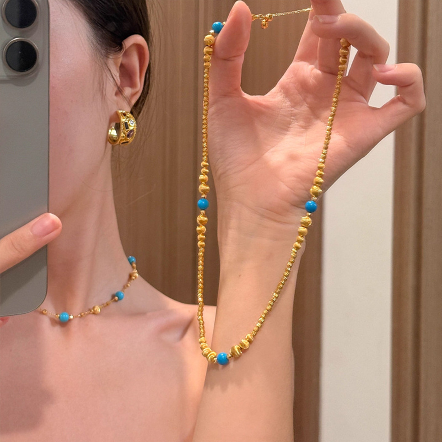 欧美配饰套装显白仿绿松石手链短款复古毛衣链女款轻奢高级感项链