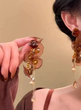 复古美拉德花朵流苏耳环女新款