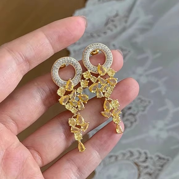 欧美复古金色闪钻耳环耳坠女日韩百搭蓝色流苏耳饰品长款流苏耳环