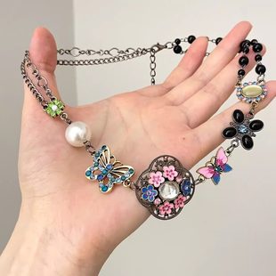小众古着choker锁骨链女复古镂空蝴蝶珍珠拼接项链做旧款重工颈链
