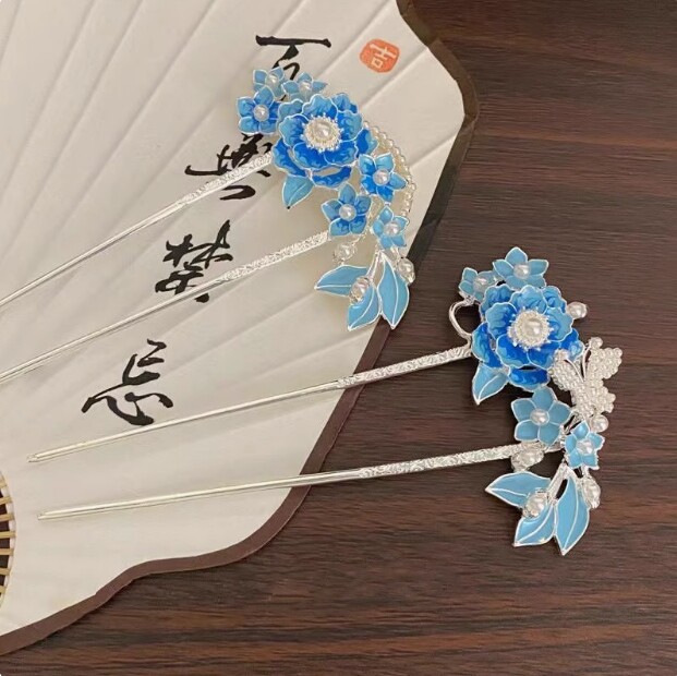 复古景泰蓝仿点翠珍珠牡丹花发簪时尚古风汉服旗袍中式蝴蝶发钗