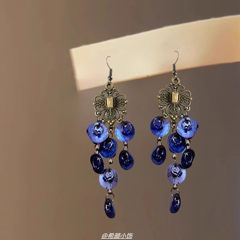 孔雀公主~蓝色风铃贝壳流苏耳环女复古异域民族风耳饰清冷感耳钩
