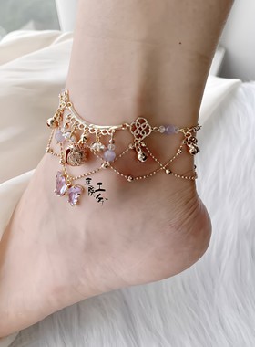 法式紫色蝴蝶铃铛脚链女汉服古风cos配饰流苏异域风情配饰民族风