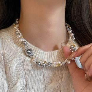 法式巴洛克褶皱水滴珍珠吊坠项链复古设计感串珠锁骨链小众简约
