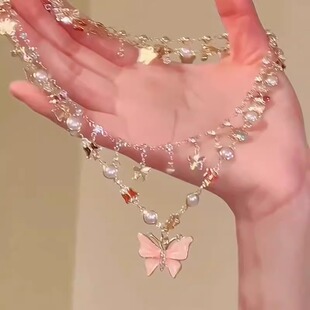 甜美粉色蝴蝶双层流苏公主项链女锁骨链春夏连衣裙高级感颈链配饰