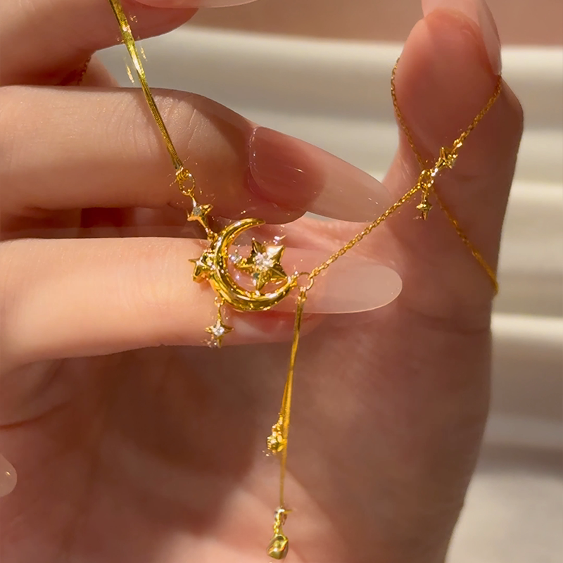 复古金色碎冰冰流苏月落星垂项链中古风初秋氛围感长期主义锁骨链