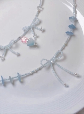 蓝色串珠蝴蝶结项链超仙气质