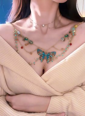 蝴蝶珍珠流苏多层叠戴choker腰链锁骨链甜酷小众一式两戴项链男女
