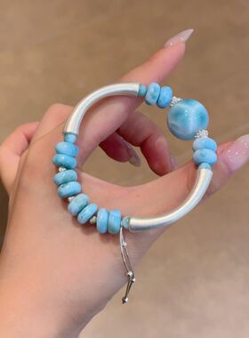 民族风手链女生新款蓝色串珠小众设计氛围感手串轻奢百搭银色手镯