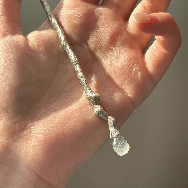 清冷新中式簪子水晶烧白银钗设计感树枝纹理盘发饰玄学发簪高端