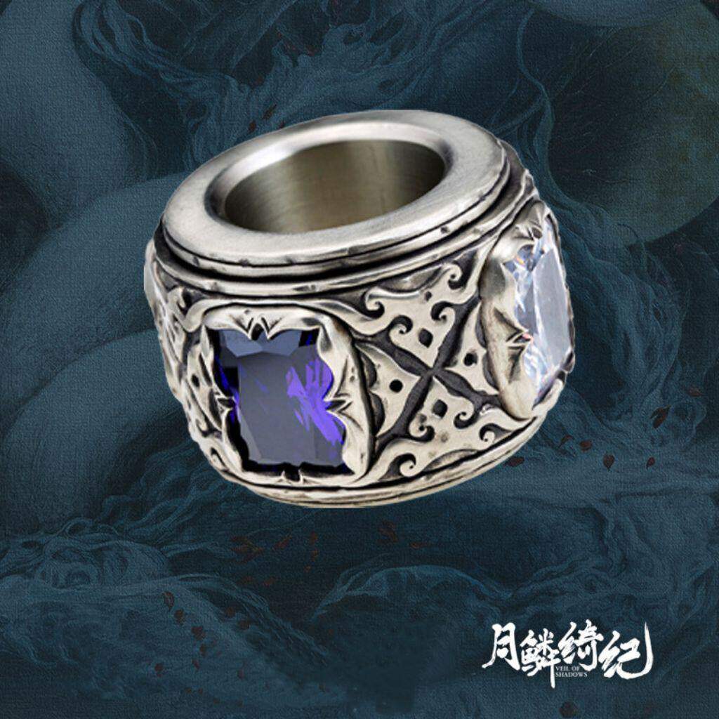 月鳞绮纪复古做旧紫水晶戒指小众设计感宽版指环二次元周边指环
