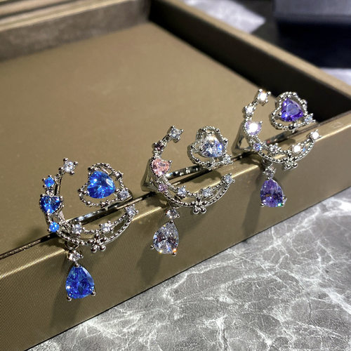 静谧之夜爆闪爱心水滴钻月亮戒指