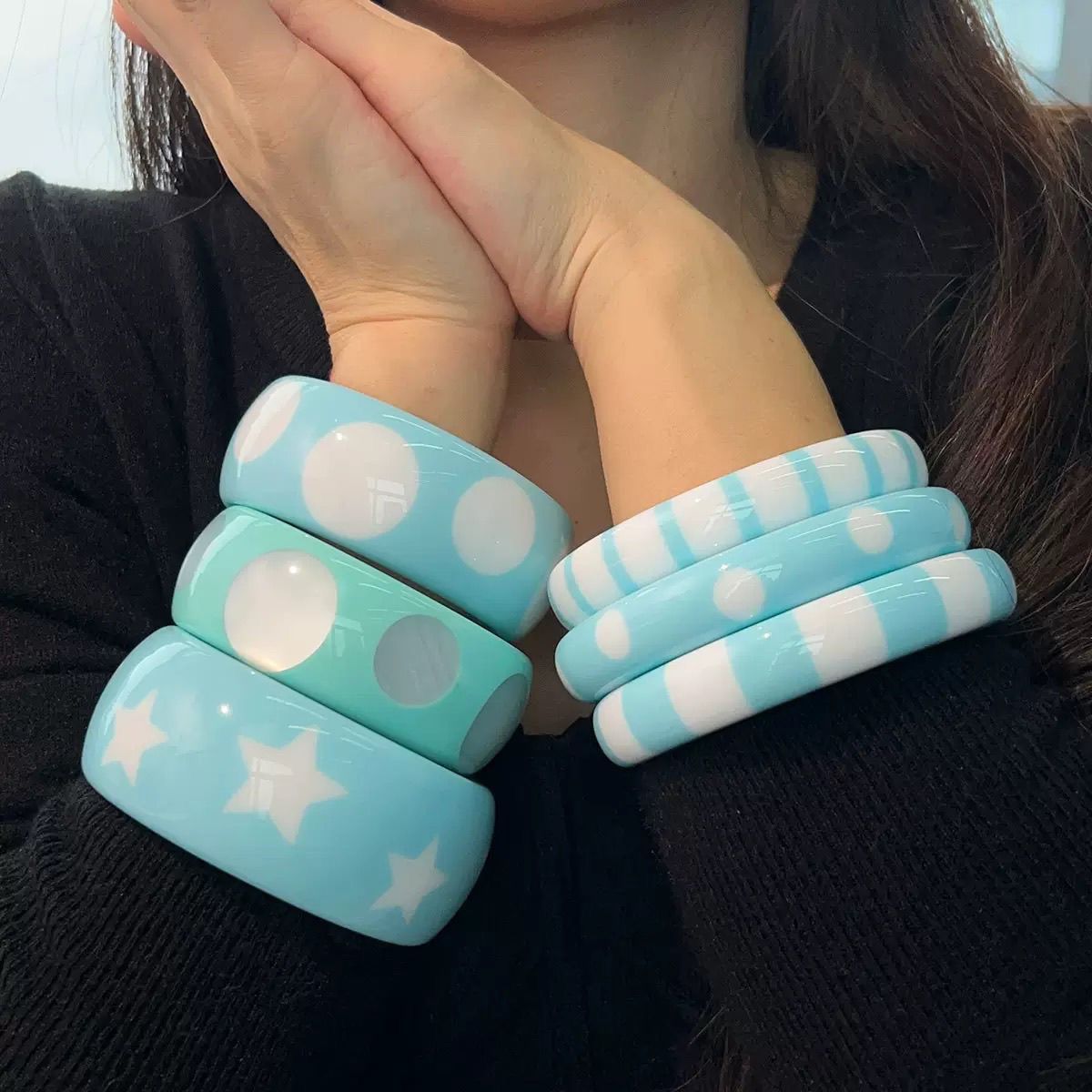 韩系时髦薄荷绿几何圆形猫眼波点树脂手镯女复古百搭个性辣妹手饰