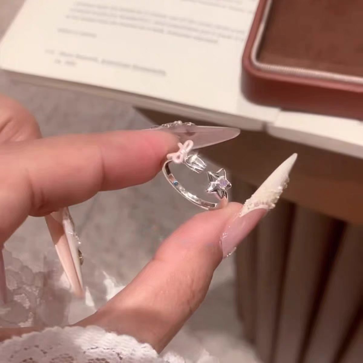 甜美小众蝴蝶结叉子星星食指戒