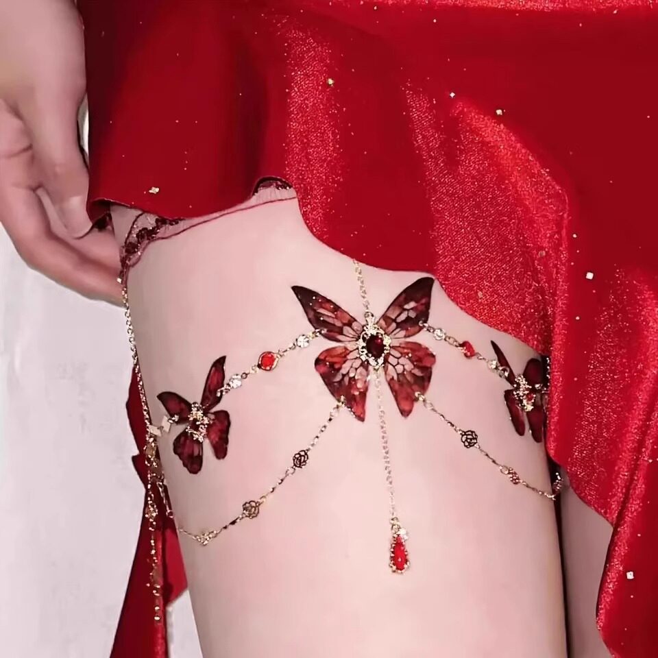 新款蝴蝶腿链女多层红色夸张性感蕾丝弹力大腿链甜酷脚链2025新款