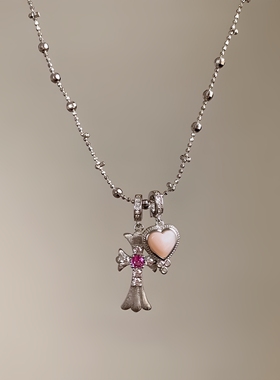 甜心girl~不掉色银拉丝十字架粉钻爱心吊坠跑环银珠锁骨链锁骨链