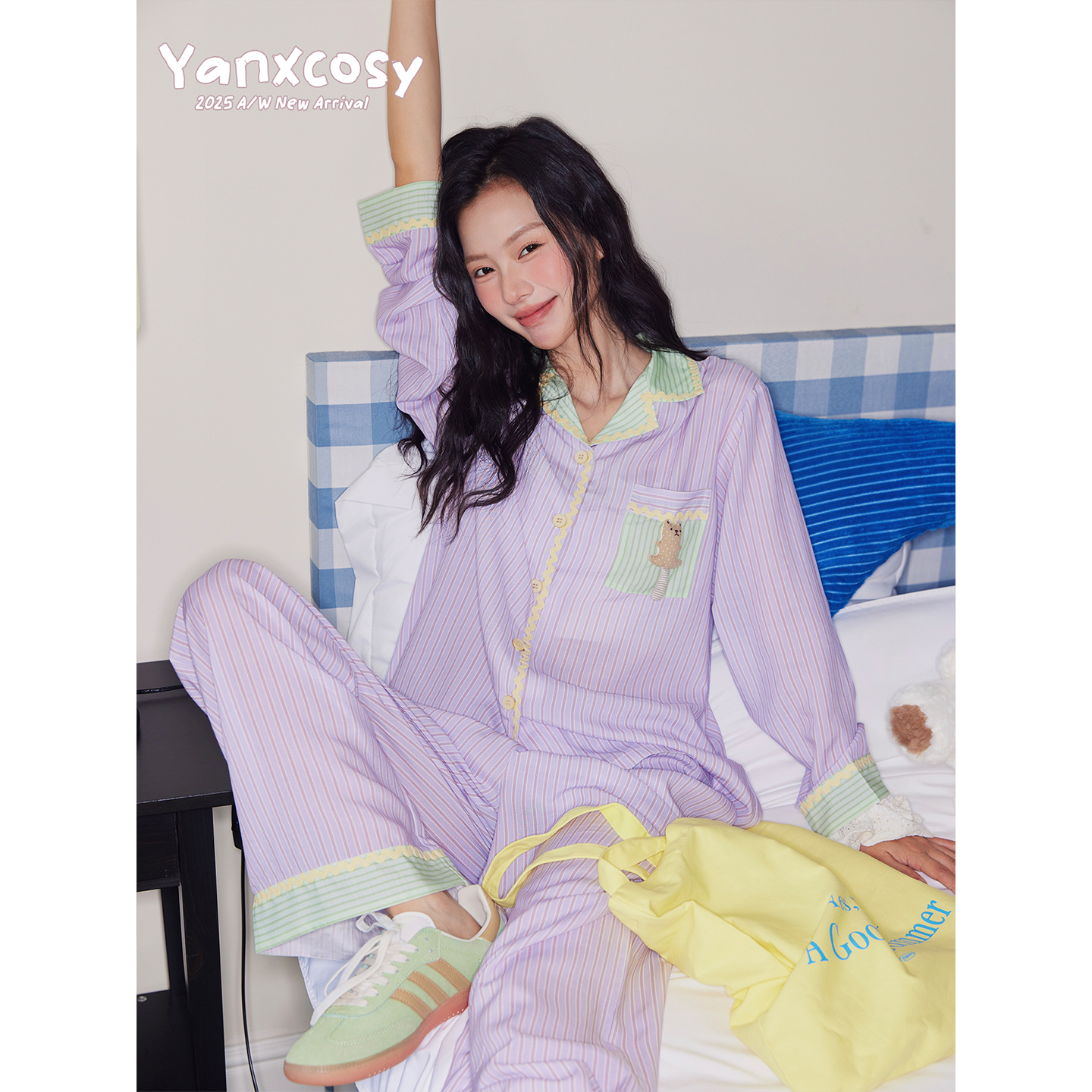 条纹拼色睡衣女长袖家居服套装