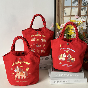 马年2026新款马上纳福红色水桶包喜庆结婚庆可爱帆布包年会礼品袋