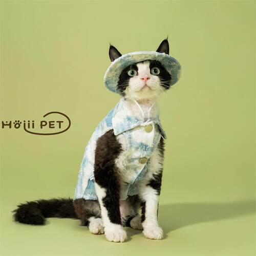 HOiii PET 夏季扎染牛仔爱心马甲德文猫衣服无毛猫衬衫可爱韩版潮