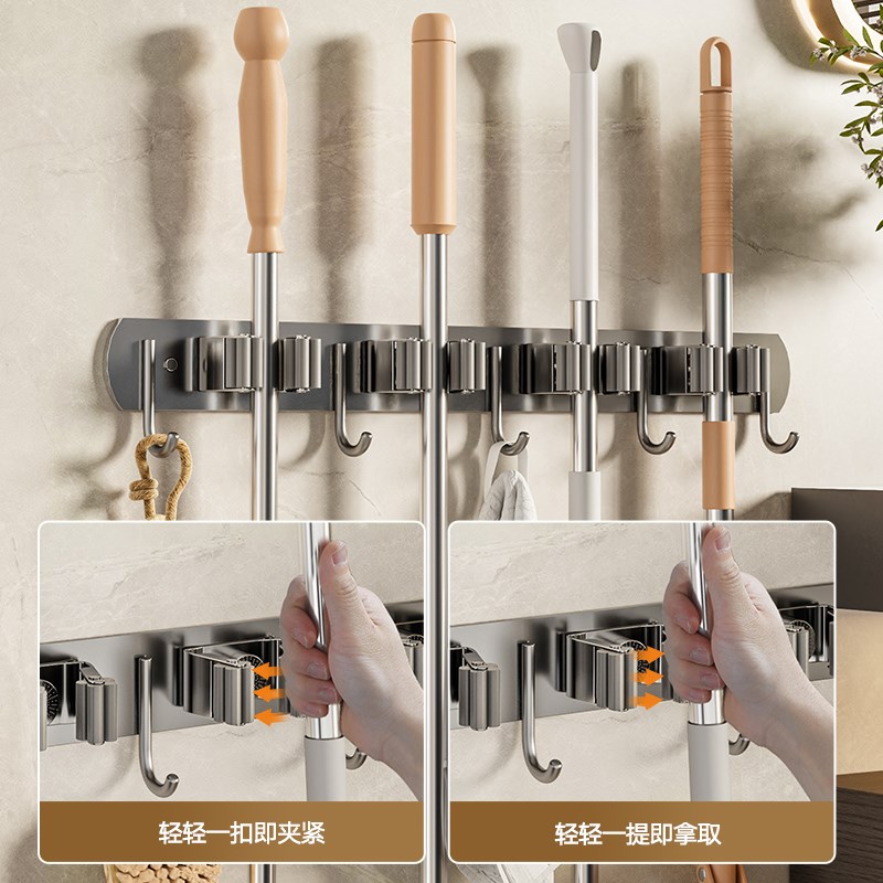 枪灰拖把壁挂夹不锈钢挂钩免打孔C卫生间收纳神器多功能扫把固定