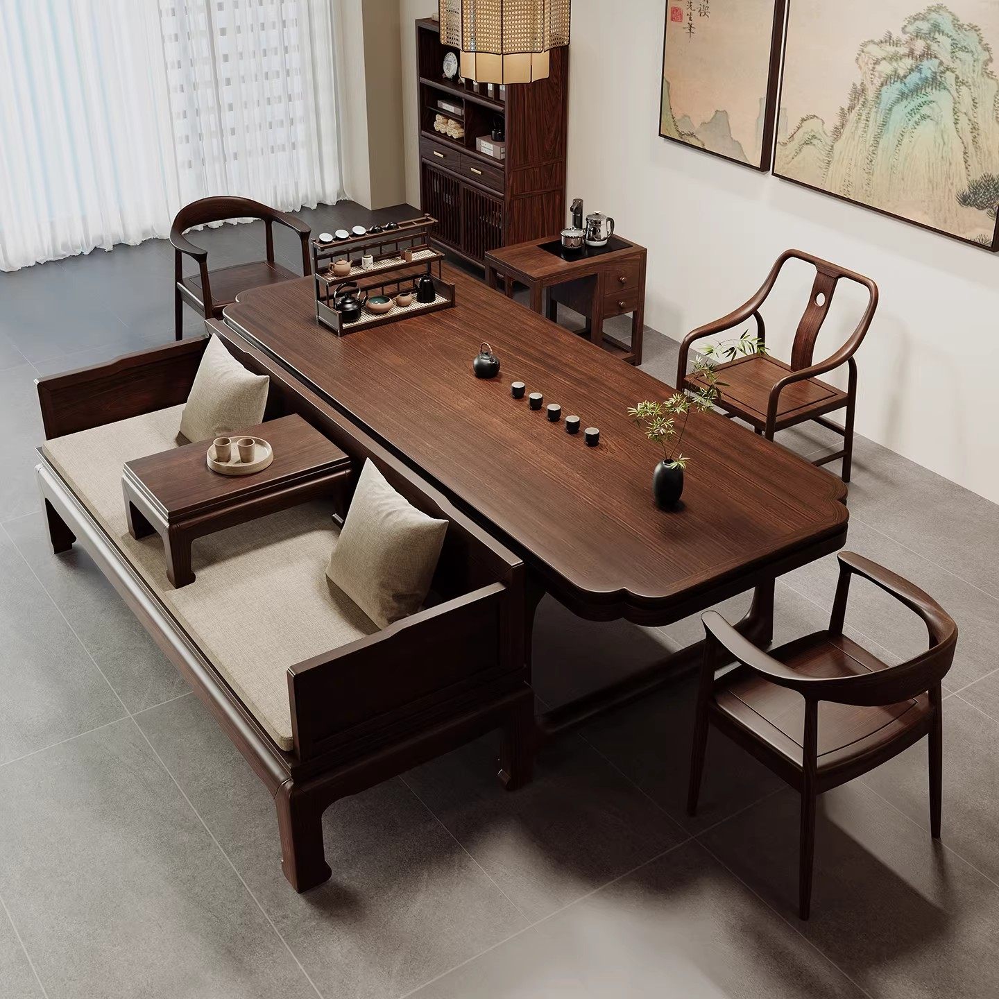 新中式实木茶桌椅组合南美黑胡桃木茶台沙发去客厅化禅意茶室家具,住宅家具,家用茶台/茶桌,淘宝优惠券,粉丝福利购,淘宝优惠卷