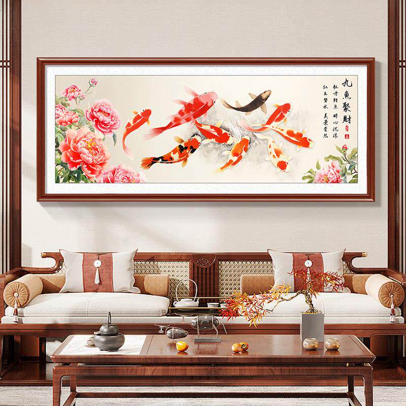 2026新款新中式九鱼图客厅装饰挂画招财牡丹荷花沙发背景墙壁画
