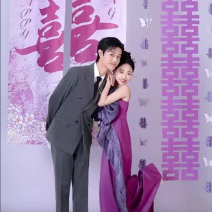 紫色系婚房布置蝴蝶长条喜字条z幅挂布结婚礼订婚拍照道具窗帘挂
